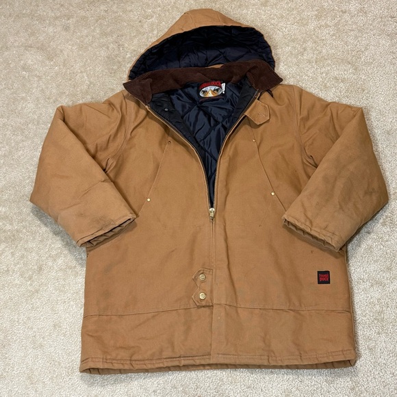 Tough Duck Hooded Canvas Work Coat XL34” Brown Quilted Lined YKK